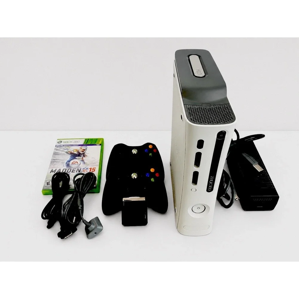 Microsoft Xbox 360 Pro White Console Gaming 2 Controllers W/ Cords, Ext Drive